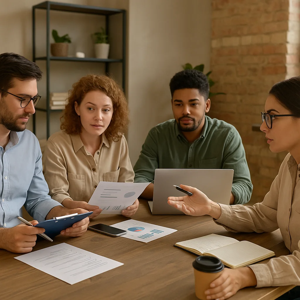 Four young professionals sit around a wooden table in a modern office, reviewing printed charts and data, with a laptop, notebook, smartphone, and coffee cup visible on the table.