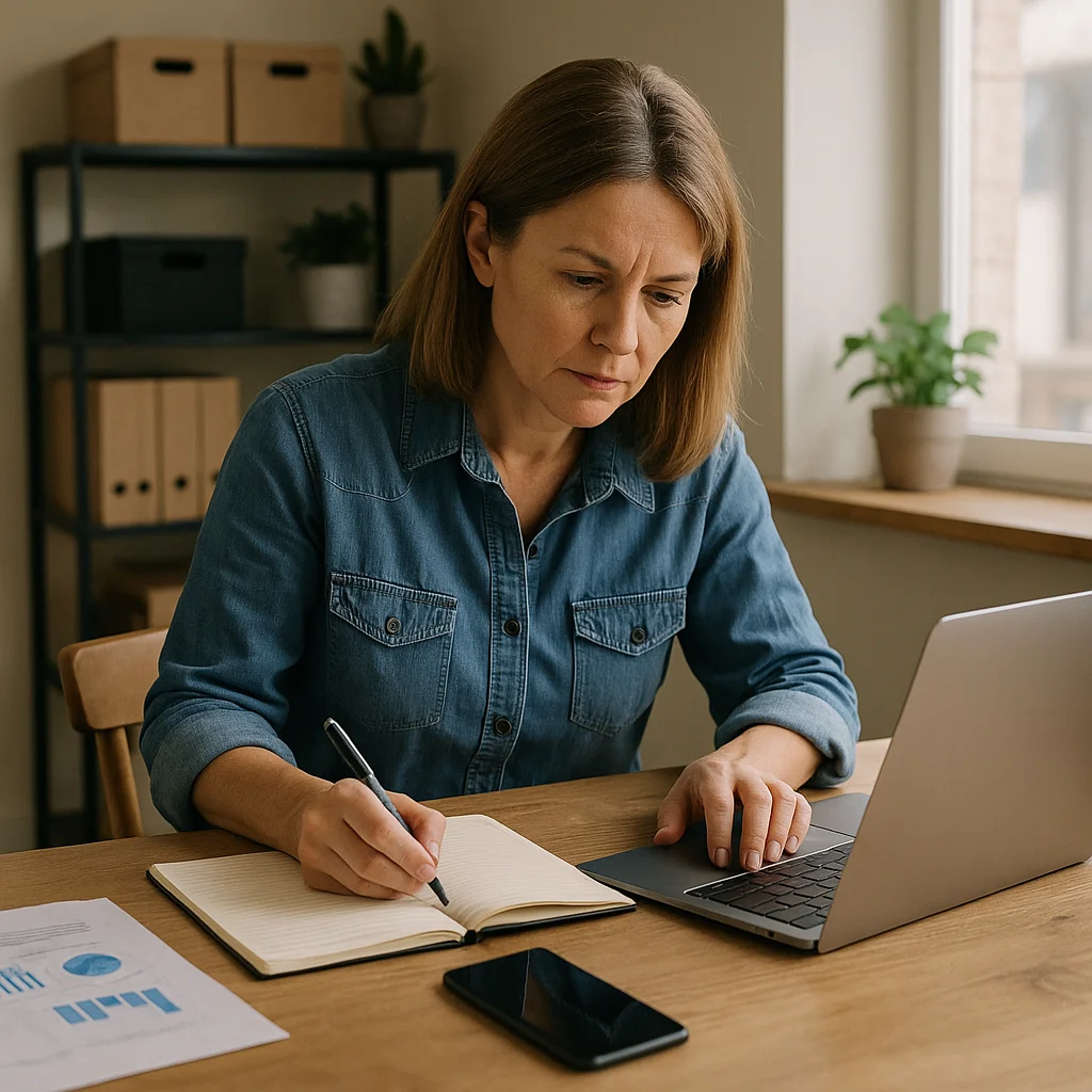 A middle-aged woman in a denim shirt sits at a wooden desk writing in a notebook while using a laptop, with printed bar and pie charts, a smartphone, and an organized shelving unit visible in the background.
