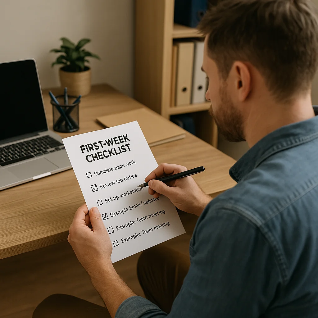 A young man in a denim shirt sits at a wooden desk holding a paper titled 'First-Week Checklist' with checkboxes including items like 'Complete paperwork,' 'Review job duties,' and 'Set up workstation,' while holding a pen, with a laptop and bookshelf visible in the background.
