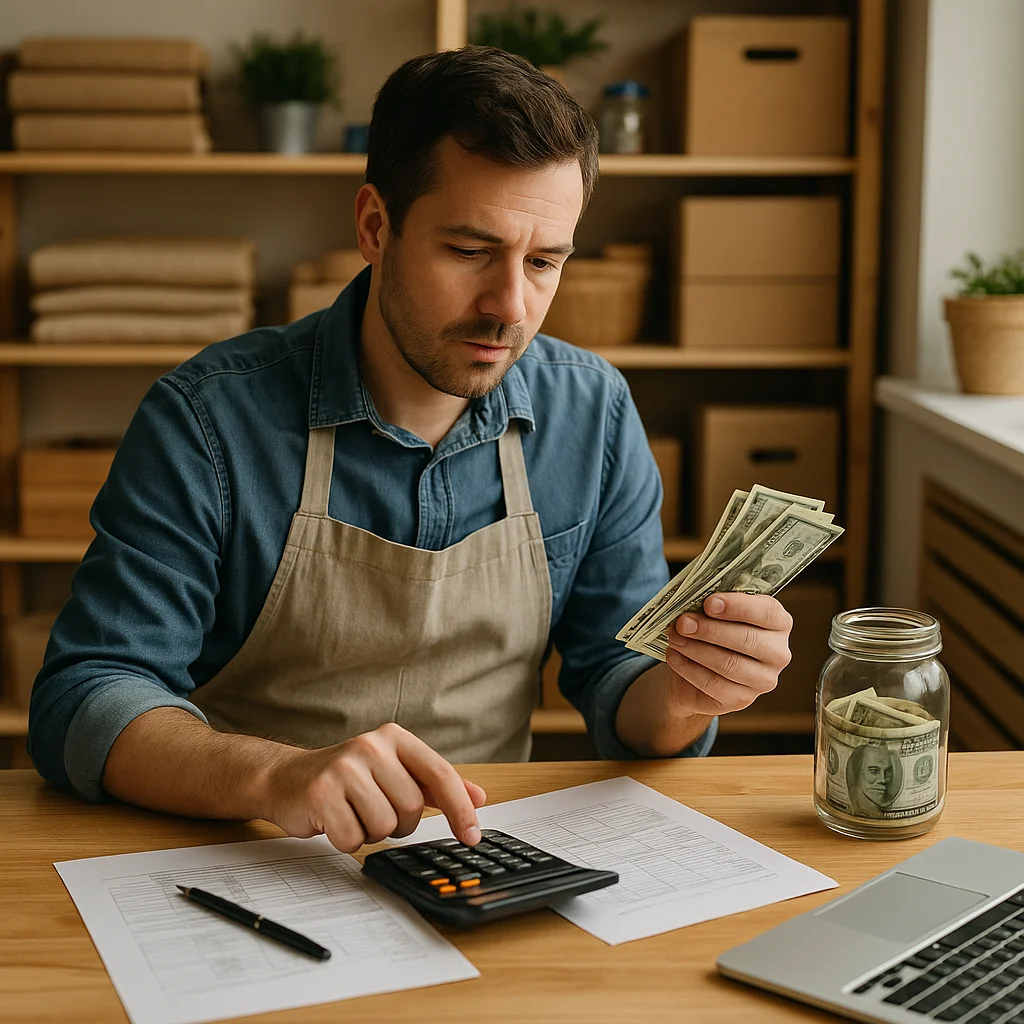 A man in a denim shirt and apron sits at a wooden desk holding several US dollar bills in one hand while pressing a calculator with the other, with a glass jar containing rolled cash, a document, a pen, and a laptop visible on the desk, and a wooden shelving unit with boxes in the background.