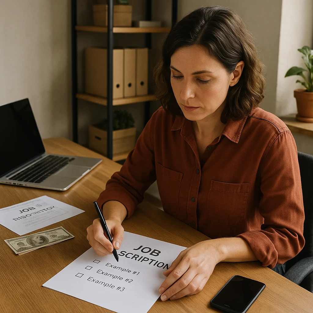 A woman in a rust-colored shirt sits at a wooden desk writing with a pen on a paper titled 'Job Description' listing Example #1, #2, and #3 with checkboxes, with a laptop, dollar bills, smartphone, and a second document visible on the desk, and a shelving unit with binders and boxes in the background.