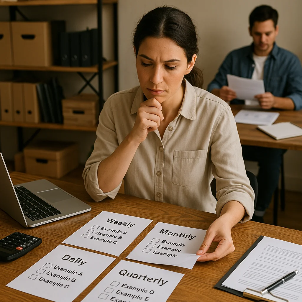 A dark-haired woman in a beige linen shirt sits at a wooden desk with furrowed brow and hand raised to chin, studying four printed checklist cards labeled Daily, Weekly, Monthly, and Quarterly with example checkbox items, while a laptop and calculator sit to her left, a clipboard and pen to her right, and a man in a blue denim shirt reads a document at a desk in the background beside shelving with binders and boxes.