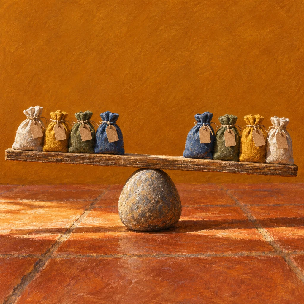 A wooden plank balanced on a rounded stone serves as a seesaw, with four small burlap drawstring bags in white, yellow, green, and blue arranged on the left side and four matching bags in blue, green, yellow, and white arranged on the right side, all bearing blank kraft paper tags, set against a warm amber wall above a terracotta tile floor.