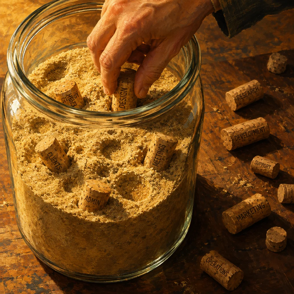 A hand presses a cork labeled DESIGN into a large glass jar packed with sawdust, while other corks labeled CLIENTS, ADMIN, and MEETINGS are partially buried inside, and additional corks labeled RESEARCH, DEVELOPMENT, SUPPORT, MARKETING, and OPERATIONS rest unused on the wooden table beside the jar.