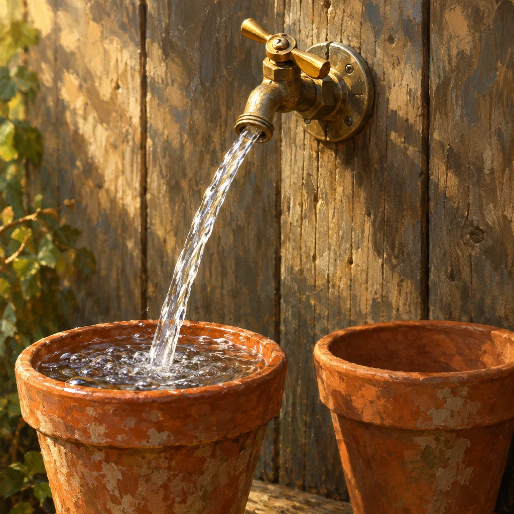 A vintage brass wall-mounted faucet with a cross handle pours a stream of water into a weathered terracotta clay pot, while a second identical empty terracotta pot sits unused to the right, against a rustic wooden plank wall with ivy visible at the left edge.