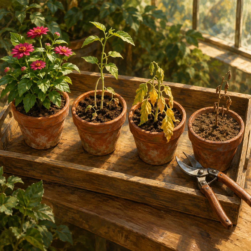 Four weathered terracotta pots sit in a row on a rustic wooden tray in a sunlit greenhouse, holding plants in descending health from a vibrant pink zinnia in full bloom on the left, to a green but sparse seedling, to a yellowing wilting plant, to a pot of bare dried brown stems on the right, with pruning shears resting beside the last pot.