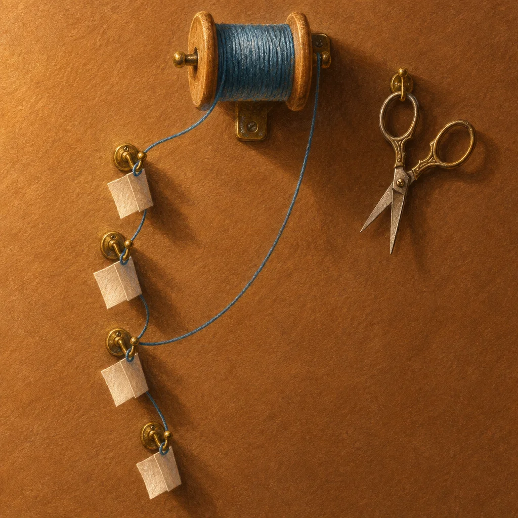 A wooden spool of blue thread mounted on a brass wall bracket unspools a single thread that winds through four brass wall hooks, each suspending a small square paper tag, while a pair of antique brass-handled scissors hangs from a fifth hook to the upper right against a warm ochre textured wall.