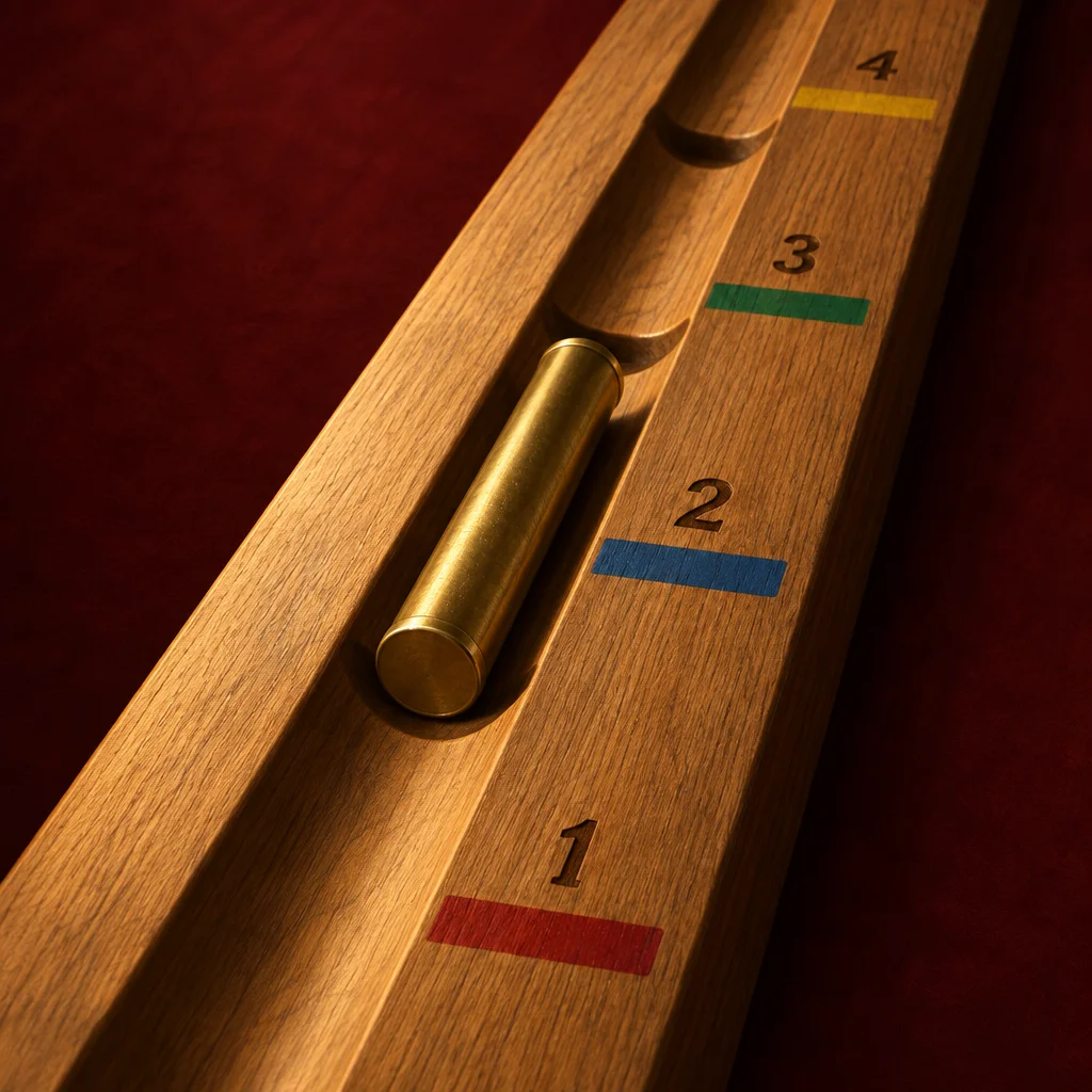 A close-up of a polished oak shuffleboard track marked with numbered positions 1 through 4 and corresponding colored bands in red, blue, green, and yellow, with a brass cylindrical puck resting in the channel near position 2 and a second puck visible near position 4, set against a deep red background.