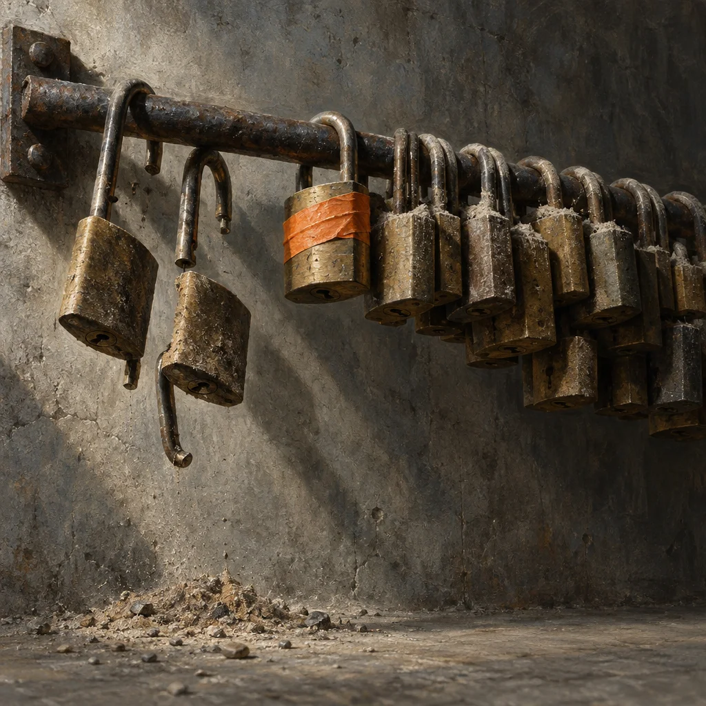 A corroded iron bar bolted to a weathered concrete wall holds roughly fifteen aged brass padlocks crowded along its length, with one lock wrapped in deteriorating orange tape and two locks on the far left hanging open and detached, with debris and rust crumbles on the concrete floor below.