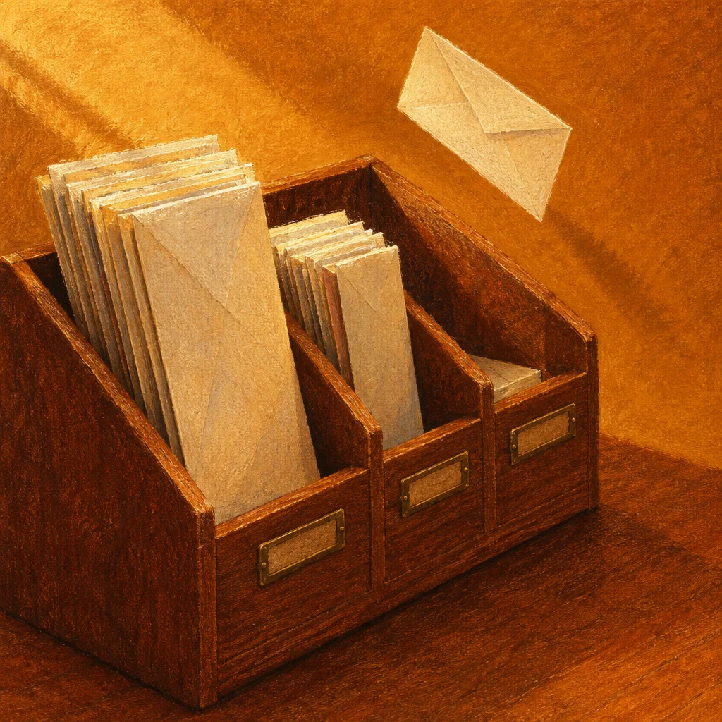 A warm-toned illustration of a dark wood three-slot desktop mail organizer with brass label holders, filled with cream envelopes of varying quantities across the compartments, while a single unsealed envelope floats above the rightmost slot as if just arriving.