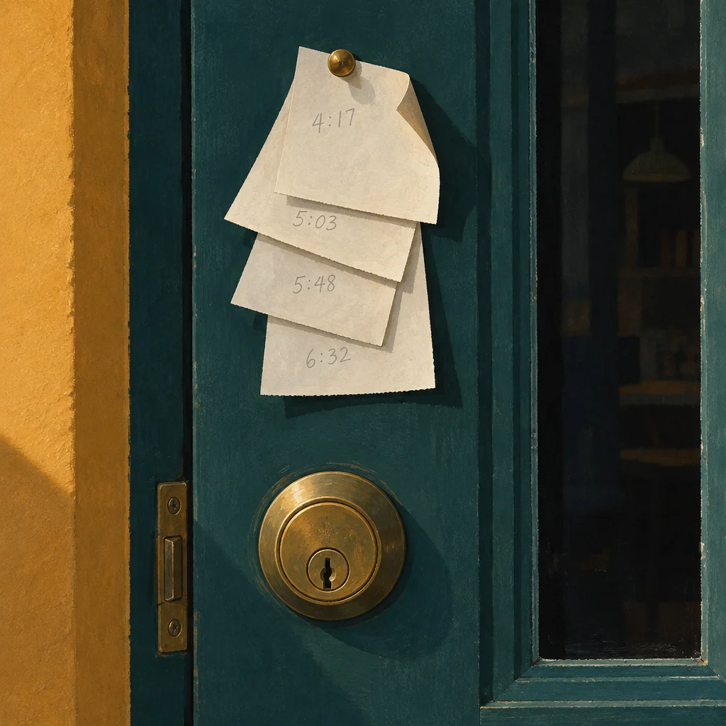 Four cream paper notes pinned with a single brass tack to a teal painted door above a deadbolt lock, each note showing a handwritten time reading 4:17, 5:03, 5:48, and 6:32 in descending order, with a warm yellow wall visible to the left and a dark interior glimpsed through a narrow side window on the right.