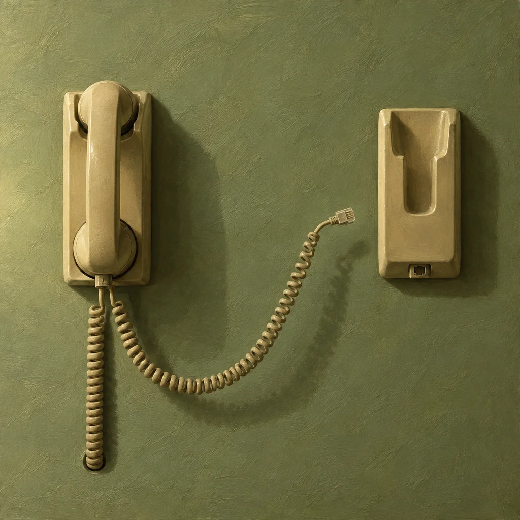 A tan wall-mounted telephone handset with a coiled cord trails across an olive green painted wall to an unconnected plug, while a separate empty tan wall-mounted cradle sits to the right with its own jack port, both units casting soft shadows.
