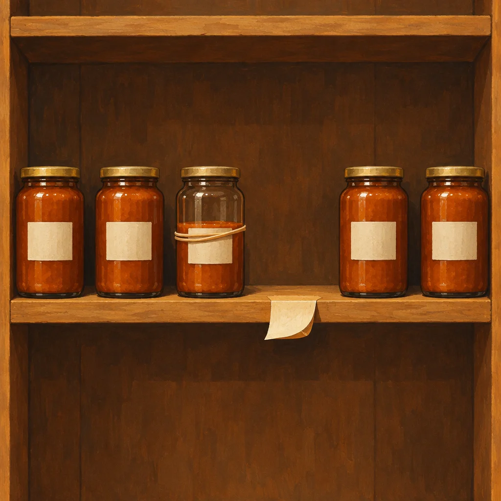 Five glass jars with gold lids and blank white labels sit on a wooden pantry shelf, four filled with orange-red sauce and one in the center nearly empty with a rubber band and a loose label hanging from it, while a curled paper tag rests on the shelf below.